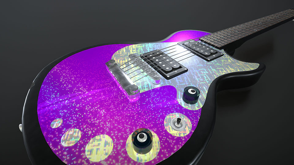 A realistic 3D model and render of a guitar with a custom front plate, with emphasis on the glitter shader - Josien Vos Portfolio