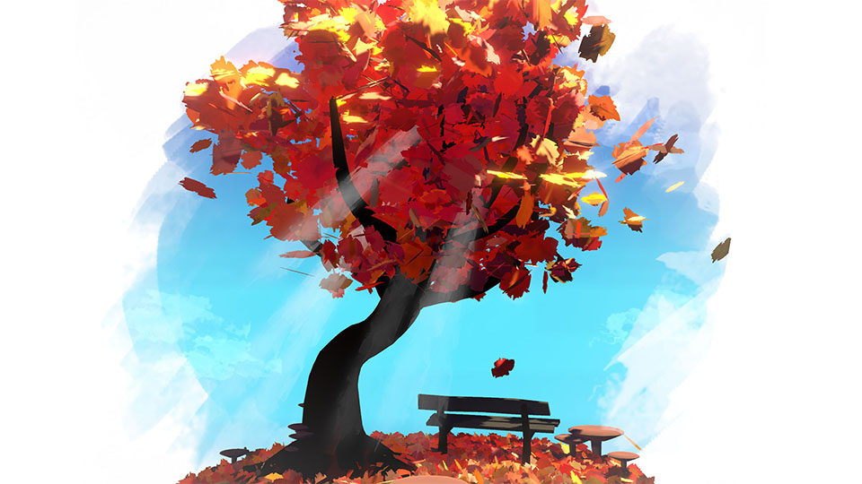 A stylized tree with red and orange leaves, the stylization is bright and colourful - Josien Vos Portfolio