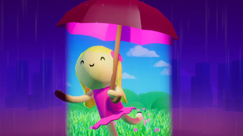 A stylized girl is holding a pink umbrella. Under the umbrella the weather looks sunny, outside of it everything is rainy and dark - Josien Vos Portfolio