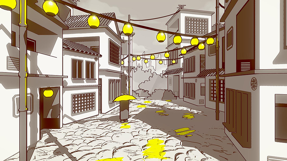 A street rendered in mostly black and white lineart and shading, with some pops of yellow due to an unconventional shader - Josien Vos Portfolio